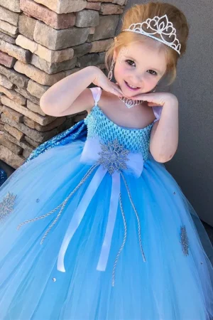Girls Turquoise Snow Tutu Dress Kids Crochet Tulle Dress Ball Gown with Crown Children Wedding Party Costume Anna Princess Dress