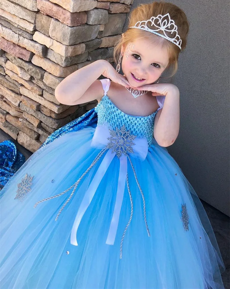 Girls Turquoise Snow Tutu Dress Kids Crochet Tulle Dress Ball Gown with Crown Children Wedding Party Costume Anna Princess Dress
