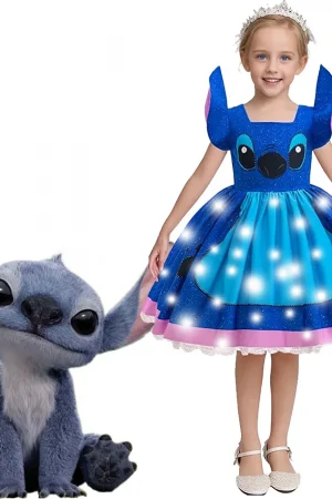 Girl Stitch Cartoon Dress Children Stage Performance Fluffy Gown Disney Movie Characters Costume Halloween Stitch Cos Clothes