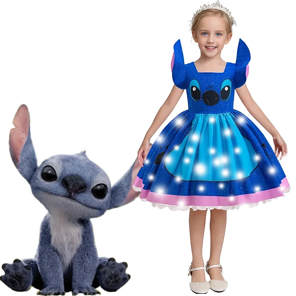 Girl Stitch Cartoon Dress Children Stage Performance Fluffy Gown Disney Movie Characters Costume Halloween Stitch Cos Clothes
