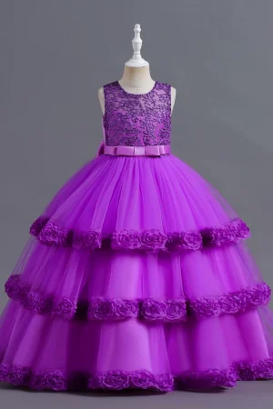 Purple Kids Flower Wedding Dress Birthday Party Ceremony Gown For Kids Girl Wear Lace Fairy Flower Girls Dresses