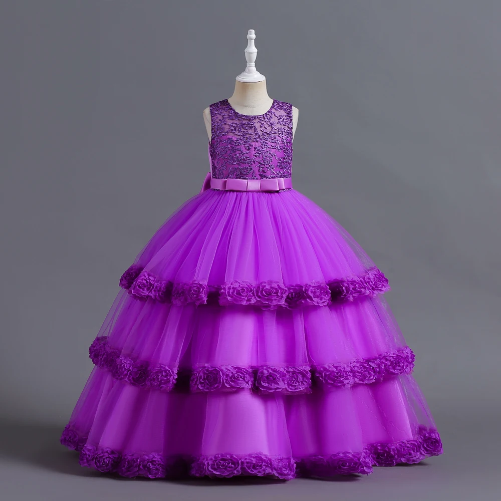 Purple Kids Flower Wedding Dress Birthday Party Ceremony Gown For Kids Girl Wear Lace Fairy Flower Girls Dresses
