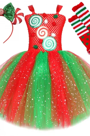 Sparkly Red Green Candy Costumes for Girls Christmas Sequin Tutu Dress with Bow Kids Xmas Party Outfit Twinkle New Year Clothes