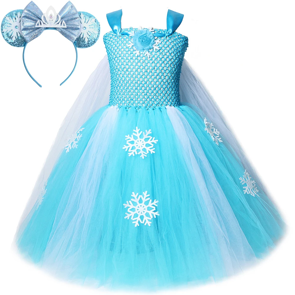 Snow Queen Elsa Long Dresses for Girls Halloween Christmas Costumes with Cloak Kids Snowflake Floor Outfit Princess Ball Gown - Image 2