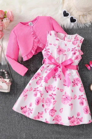 Children's clothing girl autumn fashion casual pink floral dress set 2-piece set - pink round neck vest+pink floral skirt