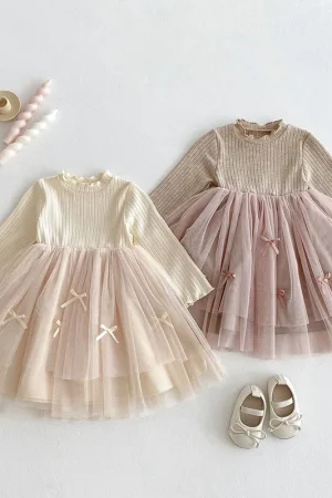 2025 New Spring Sister Dress 2-6Yrs Girl Party Dress Long Sleeved Cotton Mesh Splicing Kids Princess Dresses Children Clothes