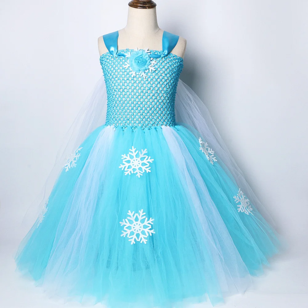 Snow Queen Elsa Long Dresses for Girls Halloween Christmas Costumes with Cloak Kids Snowflake Floor Outfit Princess Ball Gown - Image 3