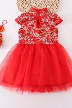 Red Girl Summer Dress Qipao Chinese Fashion Performance Kids Cheongsam Baby Mesh Princess Dresses Children Clothing Vestidos