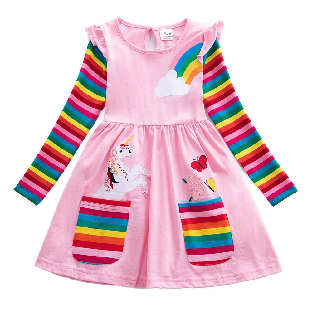 Girls' Long Sleeve Unicorn Dress Autumn Embroidery Two Pockets Rainbow Sleeves 81035 - Image 3