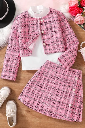 Children's spring and autumn new cute girl fashion dress 3 sets of pink plaid top + skirt + white long-sleeved base shirt