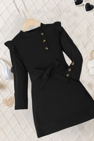 Sexy pure wind long sleeve knitted dress girls autumn winter bottom ruffled lace bow waist button wrap hip skirt
