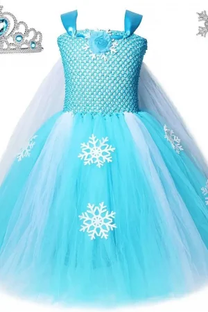 Snow Queen Elsa Long Dresses for Girls Halloween Christmas Costumes with Cloak Kids Snowflake Floor Outfit Princess Ball Gown