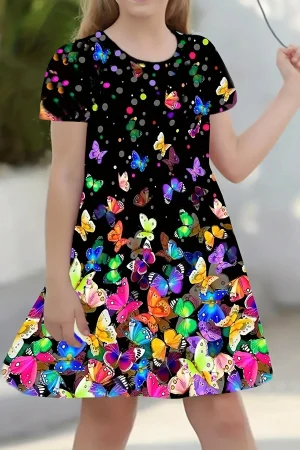 3-14 year old girl butterfly small fresh 3D printed short sleeved dress loose and comfortable party dress