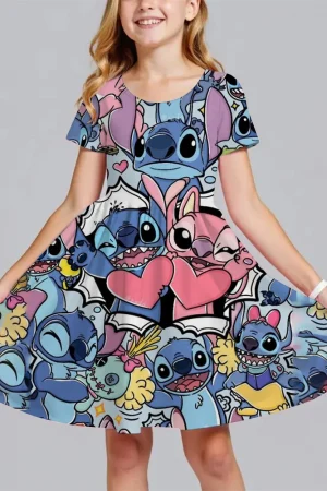 Summer New Children's Clothing 3d Printed Romantic Stitch Cute Girl Short-Sleeved Dress 3-14 Years Old Kids Performance Clothing
