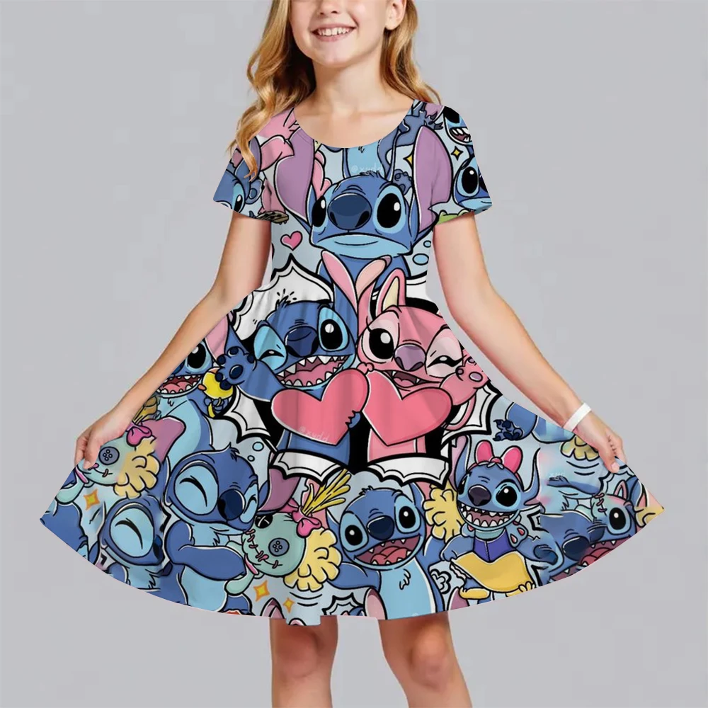 Summer New Children's Clothing 3d Printed Romantic Stitch Cute Girl Short-Sleeved Dress 3-14 Years Old Kids Performance Clothing