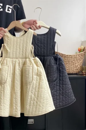 Girls Casual Dresses Autumn Winter New Forest Style Children Clothing Strap Skirt Princess Sleeveless Striped Soild