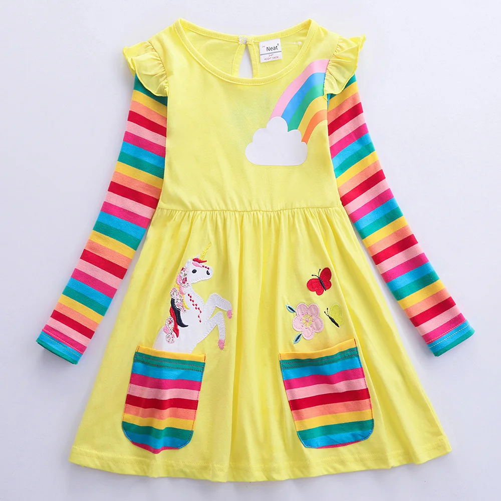 Girls' Long Sleeve Unicorn Dress Autumn Embroidery Two Pockets Rainbow Sleeves 81035 - Image 4