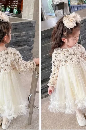 Winter New Girl's Dresses 2024 With Tassels Sequins Studded Beads Plush And Thickened Princess Dress Birthday Dress With Bow