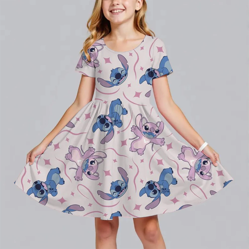 Summer New Children's Clothing 3d Printed Romantic Stitch Cute Girl Short-Sleeved Dress 3-14 Years Old Kids Performance Clothing - Image 6