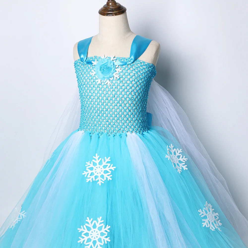 Snow Queen Elsa Long Dresses for Girls Halloween Christmas Costumes with Cloak Kids Snowflake Floor Outfit Princess Ball Gown - Image 6
