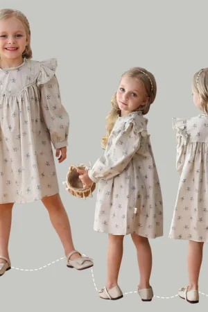 YBFSKID French Kids Girl Fly Sleeve Dress Spring Children Girls Floral Print Princess Dress Round Collar Infant Baby Girls Dress