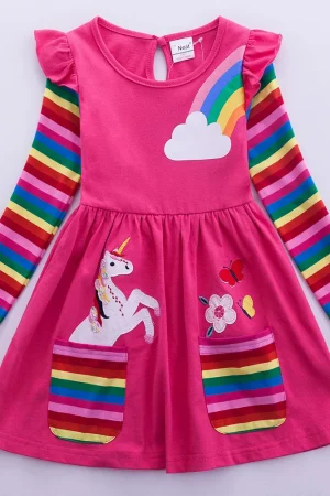 Girls' Long Sleeve Unicorn Dress Autumn Embroidery Two Pockets Rainbow Sleeves 81035