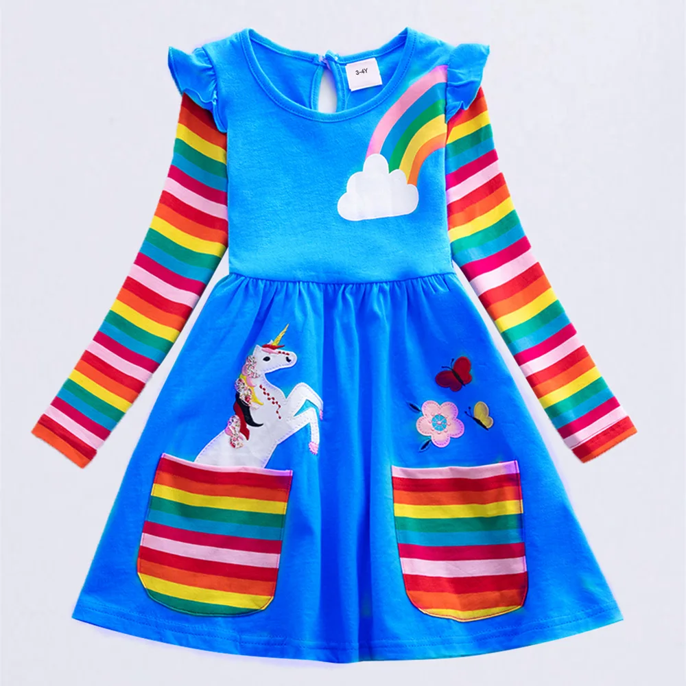 Girls' Long Sleeve Unicorn Dress Autumn Embroidery Two Pockets Rainbow Sleeves 81035 - Image 5