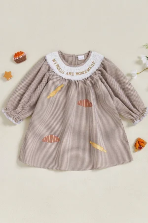 Thanksgiving Turkey Embroidered Plaid Dress with Peter Pan Collar and Long Sleeves for Girls - Festive Fall Outfit for Kids
