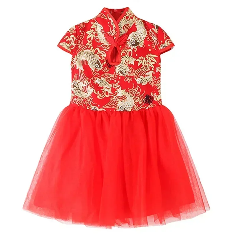 Red Girl Summer Dress Qipao Chinese Fashion Performance Kids Cheongsam Baby Mesh Princess Dresses Children Clothing Vestidos - Image 2