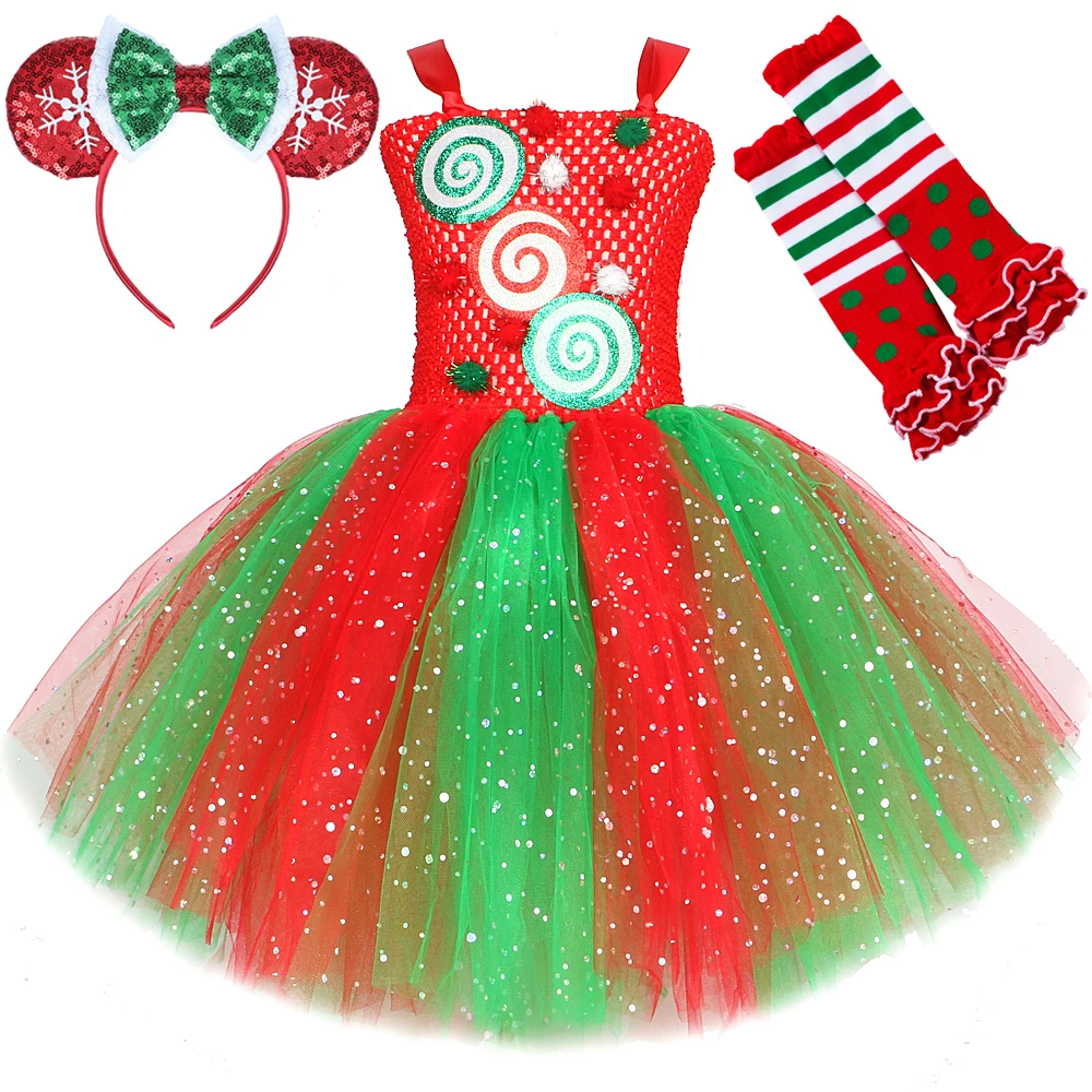 Sparkly Red Green Candy Costumes for Girls Christmas Sequin Tutu Dress with Bow Kids Xmas Party Outfit Twinkle New Year Clothes - Image 2