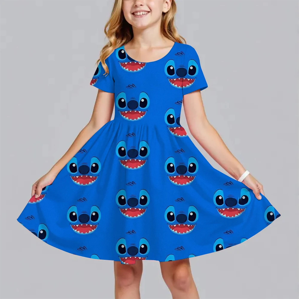 Summer New Children's Clothing 3d Printed Romantic Stitch Cute Girl Short-Sleeved Dress 3-14 Years Old Kids Performance Clothing - Image 4