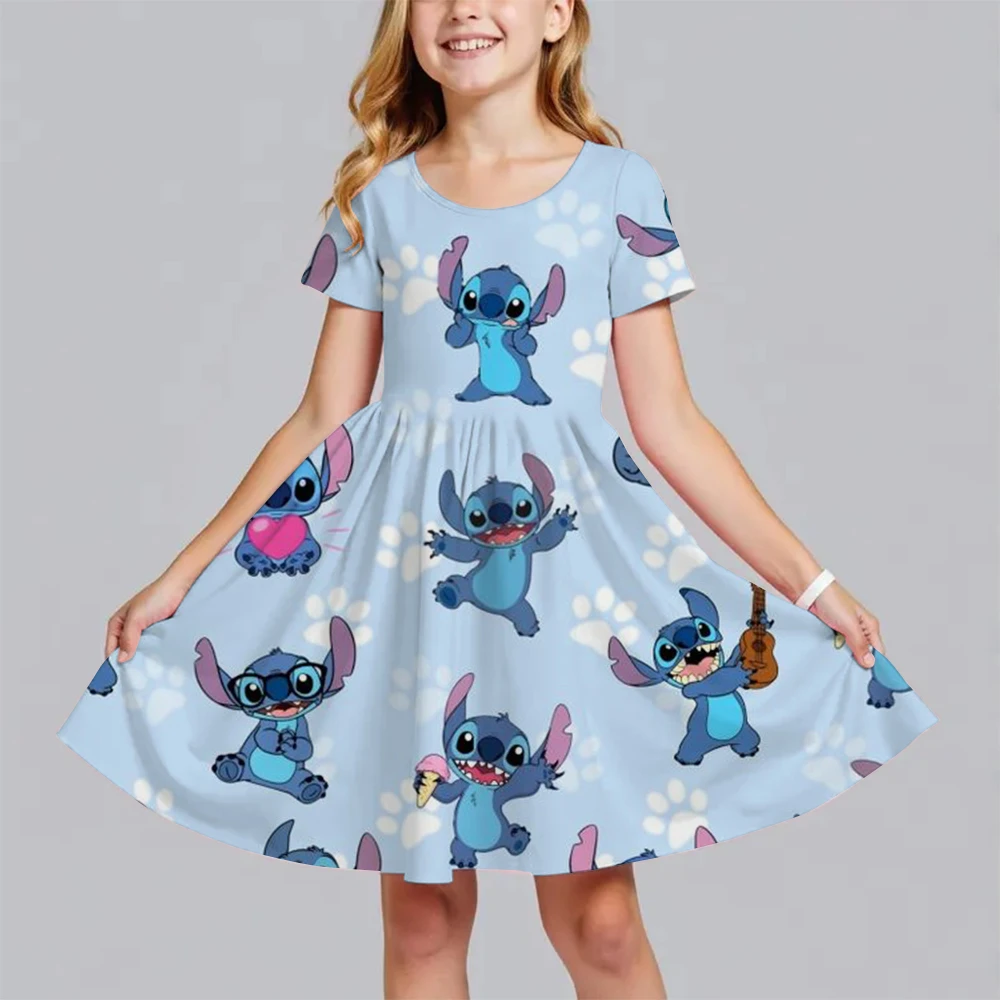 Summer New Children's Clothing 3d Printed Romantic Stitch Cute Girl Short-Sleeved Dress 3-14 Years Old Kids Performance Clothing - Image 2