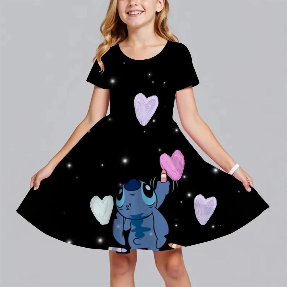 Summer New Children's Clothing 3d Printed Romantic Stitch Cute Girl Short-Sleeved Dress 3-14 Years Old Kids Performance Clothing - Image 5