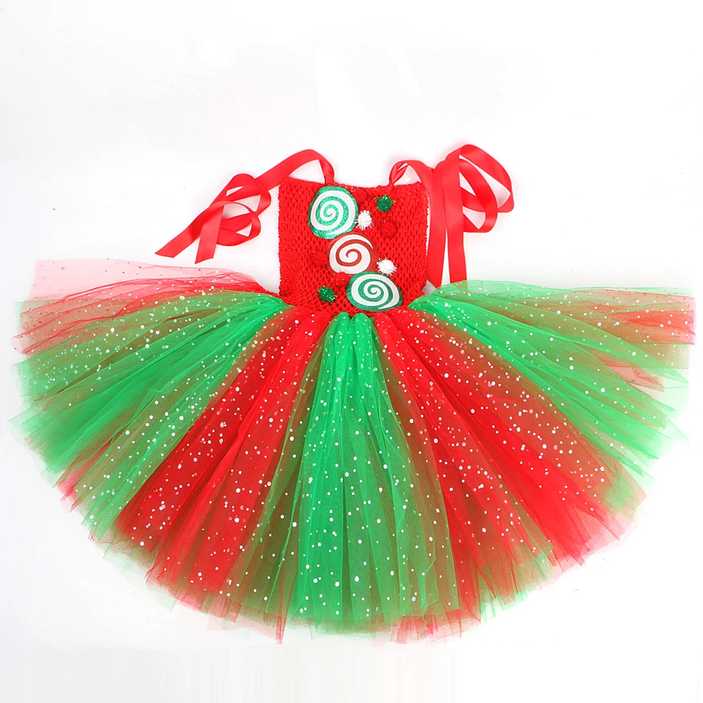 Sparkly Red Green Candy Costumes for Girls Christmas Sequin Tutu Dress with Bow Kids Xmas Party Outfit Twinkle New Year Clothes - Image 6
