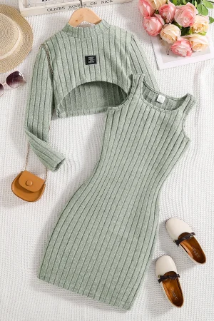 Spring and autumn new girls fashion knitted solid color pit strip mid-collar long-sleeved shirt + sleeveless vest casual dress 2