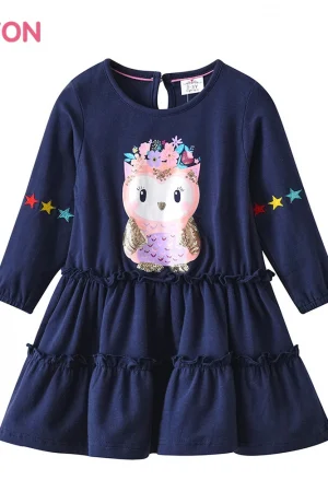 DXTON Children Cotton Dress Winter Long Sleeve Owl Animal Cartoon Dress For Girls Patchwork Star Print Kids Casual Clothing 3-8Y