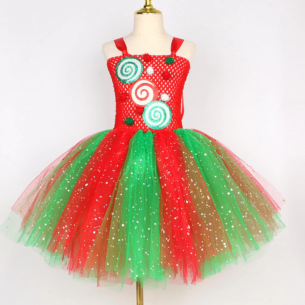 Sparkly Red Green Candy Costumes for Girls Christmas Sequin Tutu Dress with Bow Kids Xmas Party Outfit Twinkle New Year Clothes - Image 3