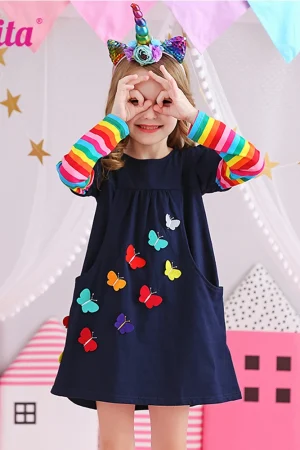 VIKITA Children Rainbow Striped Dress Girls Sequined Unicorn Dresses Kids Autumn Dress with Pockets Girl Cotton Vestidos 3-12Yrs