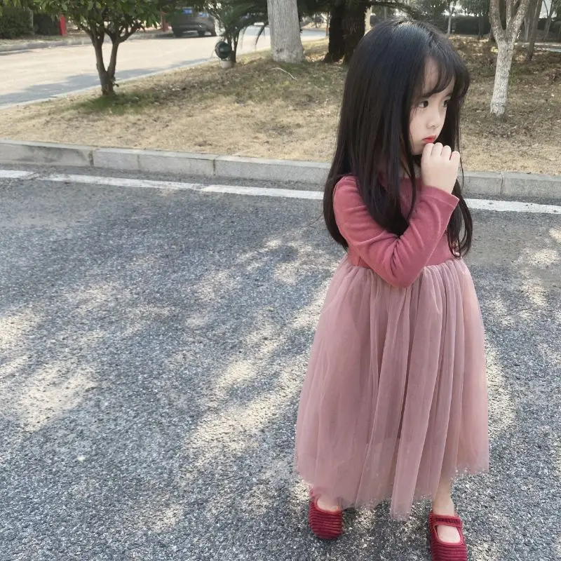 2025 Autumn Girls' Australian Fleece Long Sleeve Puffy Tulle Princess Dress Soft Skin-Friendly Kids Clothing for 4-12 Years Old