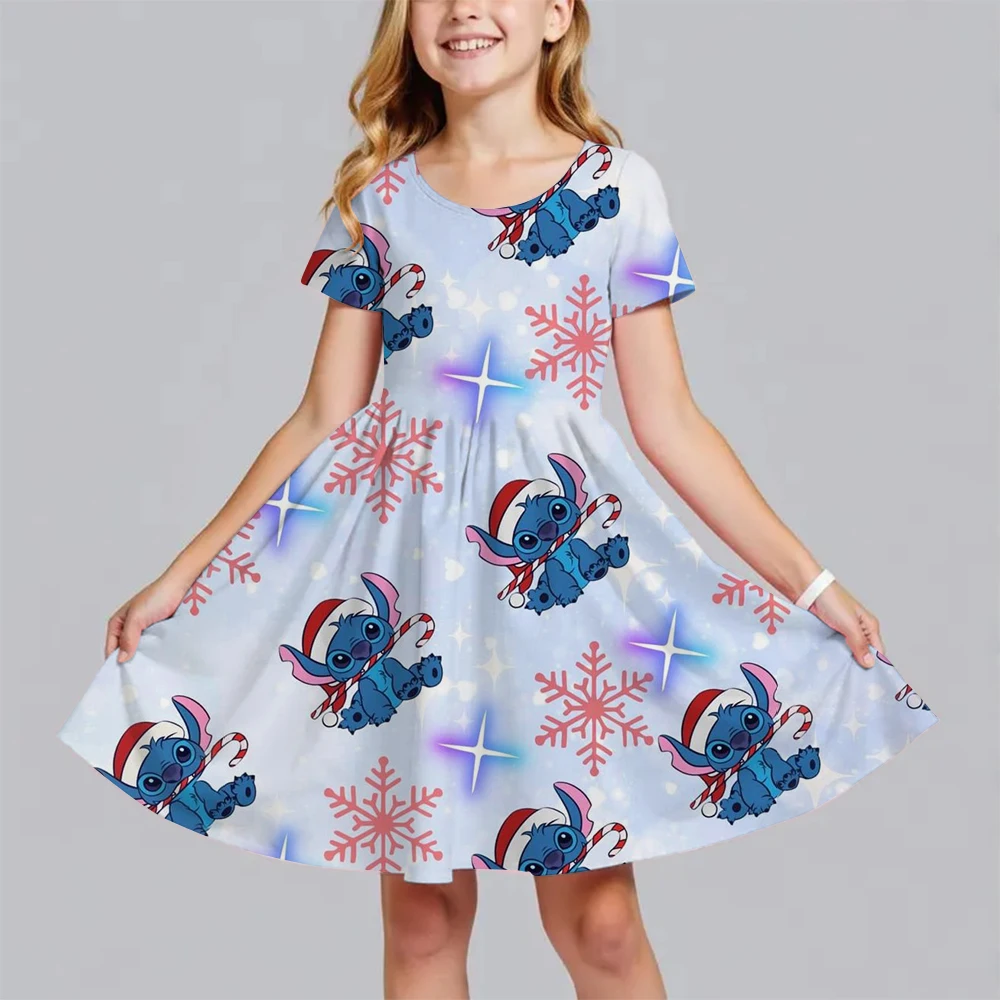 Summer New Children's Clothing 3d Printed Romantic Stitch Cute Girl Short-Sleeved Dress 3-14 Years Old Kids Performance Clothing - Image 3